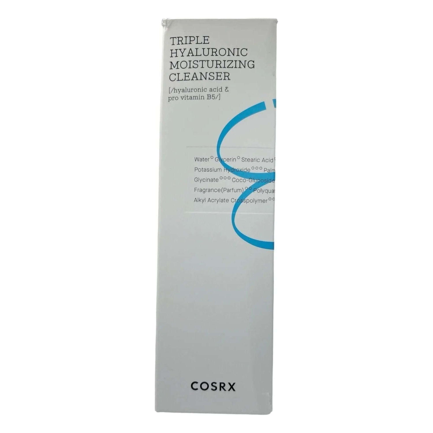 COSRX Triple Hyaluronic Moisturizing Cleanser packaging showcasing its hydrating ingredients and benefits for skin.