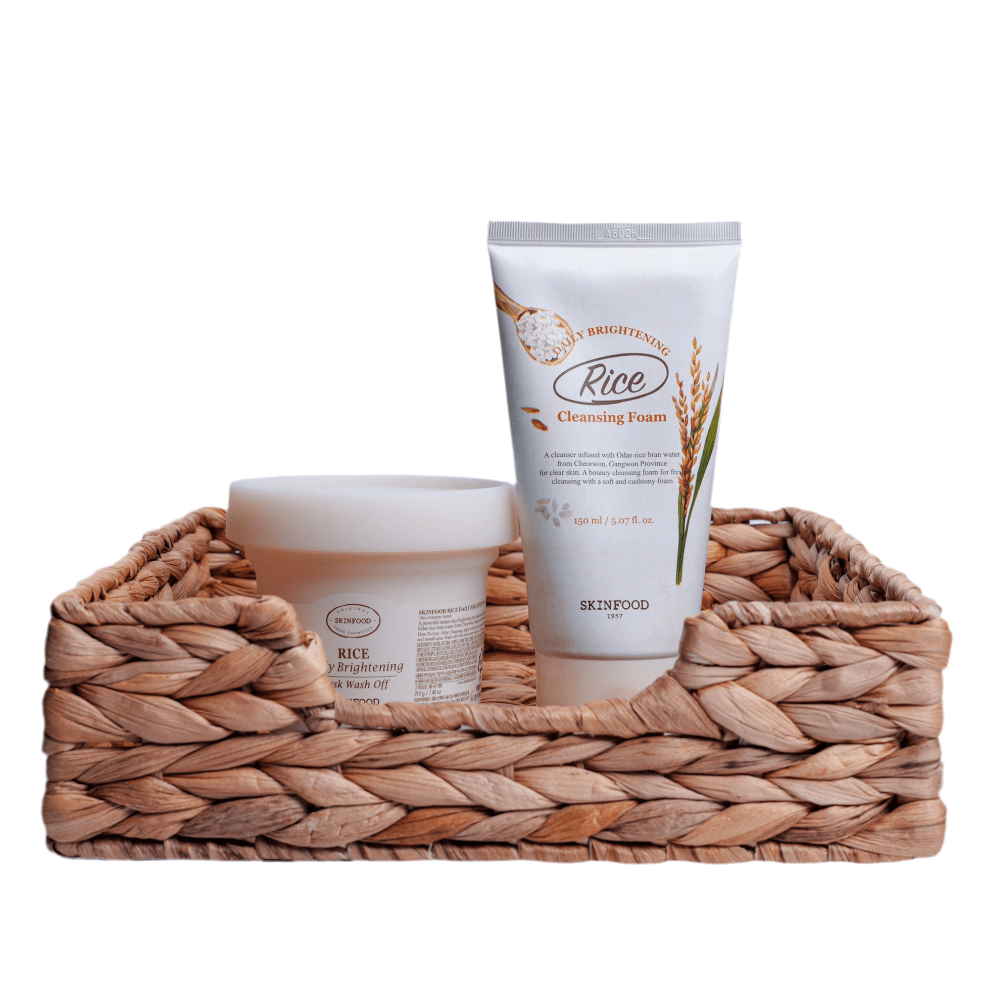 Dark Spot Removal Set 1 includes SKINFOOD Rice Cleansing Foam and Brightening Wash in a woven basket.