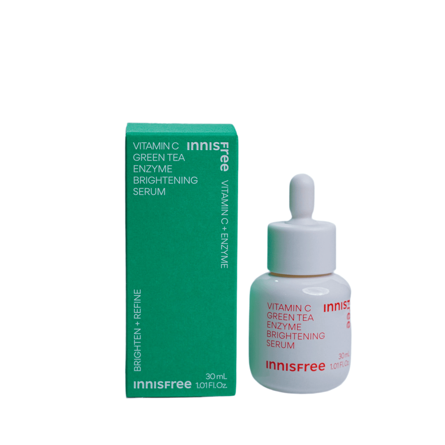 INNISFREE Vitamin C Green Tea Enzyme Brightening Serum 30ml in a white bottle with green packaging