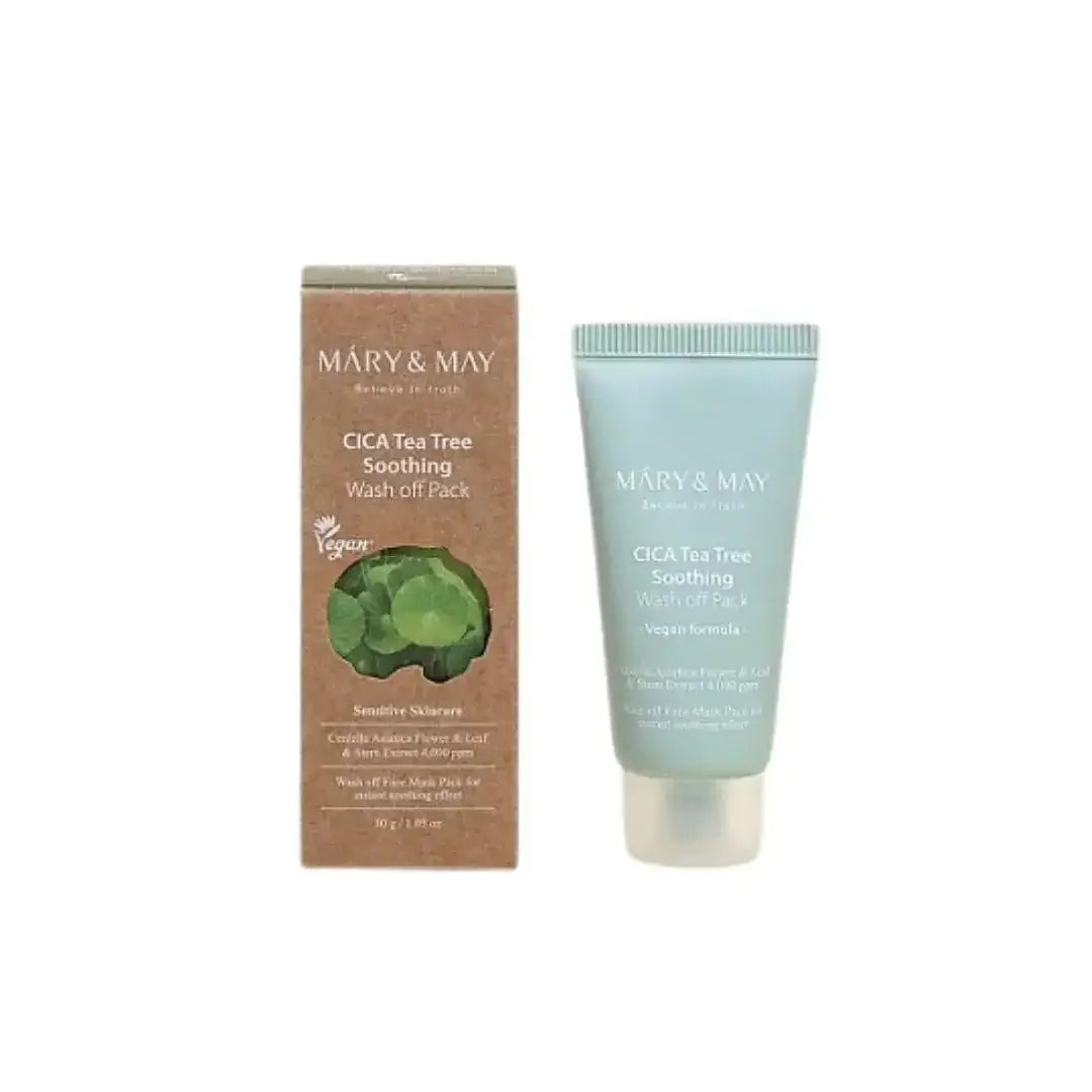 MARY & MAY Cica Tea tree Soothing Wash Off Pack 30g in eco-friendly packaging for skin hydration and purification.