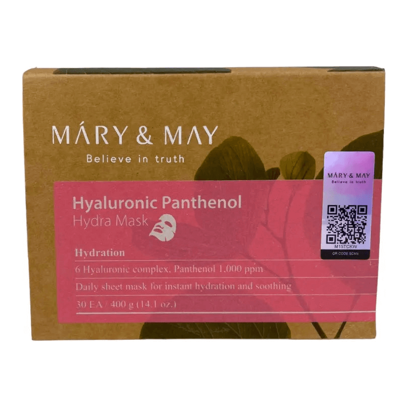 MARY & MAY Hyaluronic Panthenol Hydra Mask 30pcs packaging with hydrating sheet masks for skincare.