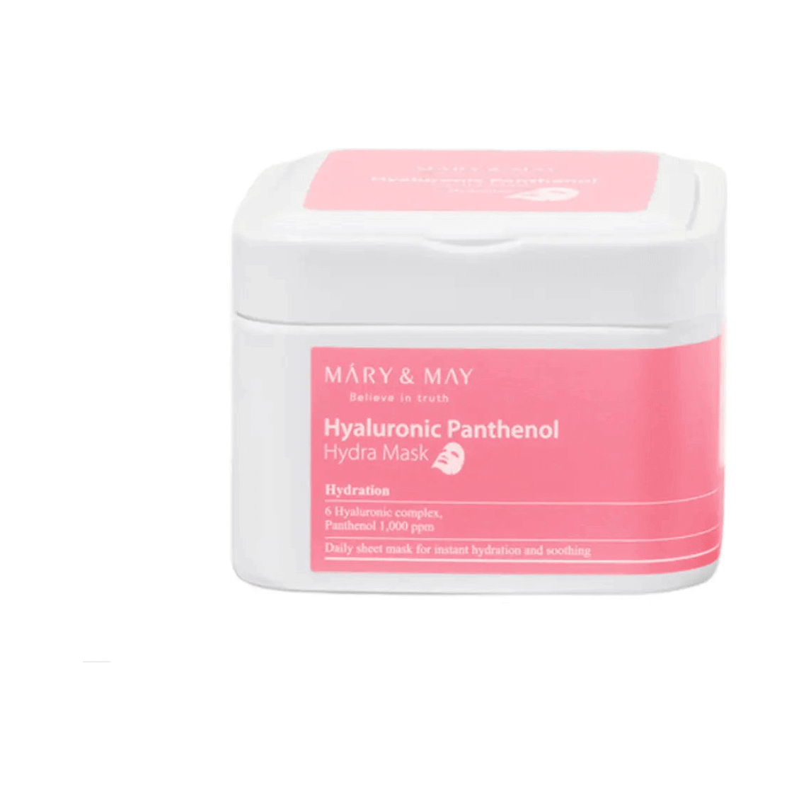 MARY & MAY Hyaluronic Panthenol Hydra Mask 30pcs in a stylish packaging for hydration and skincare.