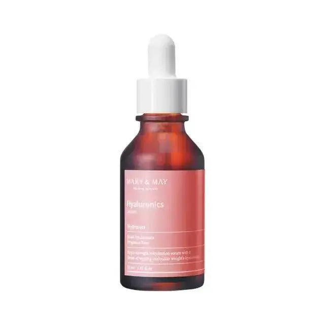 MARY & MAY Hyaluronics Serum 30ml in a glass dropper bottle, designed for deep skin hydration.
