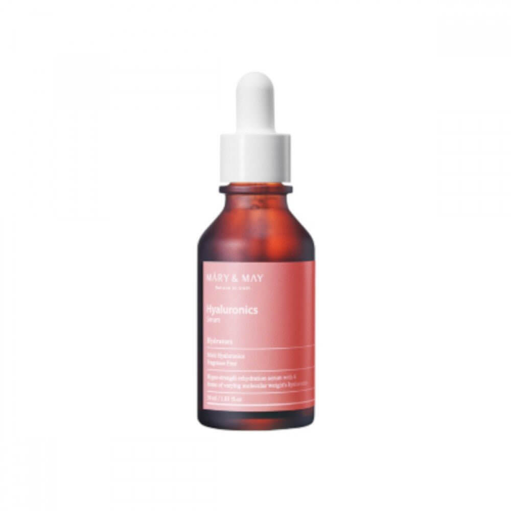 MARY & MAY Hyaluronics Serum 30ml in a dropper bottle, specializes in deep skin hydration and moisture replenishment.