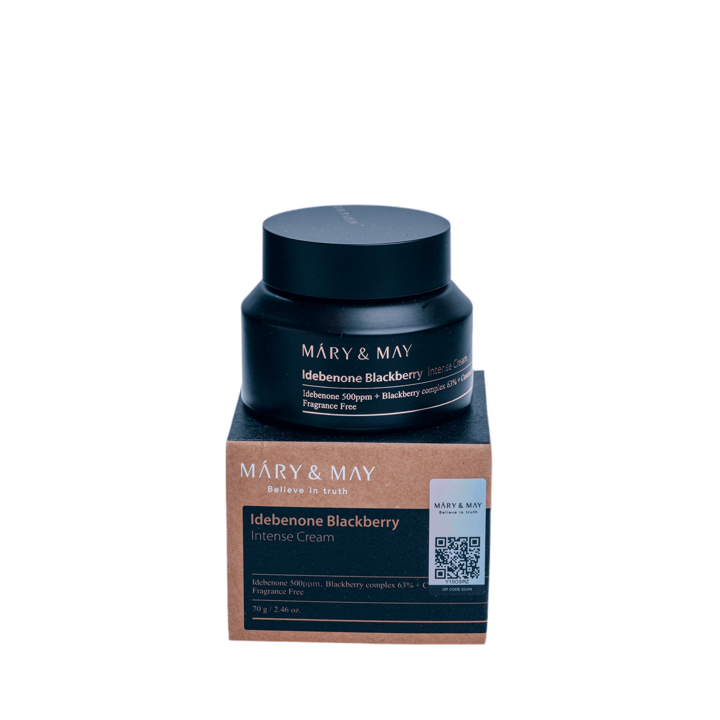 MARY & MAY - Idebenone Blackberry Intense Cream in jar with packaging showcasing skincare benefits.