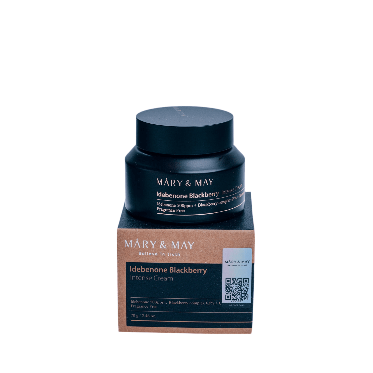 MARY & MAY - Idebenone Blackberry Intense Cream in jar with packaging showcasing skincare benefits.