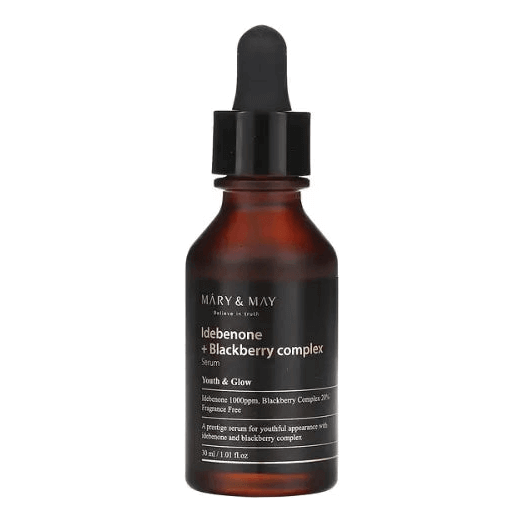 MARY & MAY Idebenone+Blackberry Complex Serum 30ml in a dropper bottle for youthful skin.