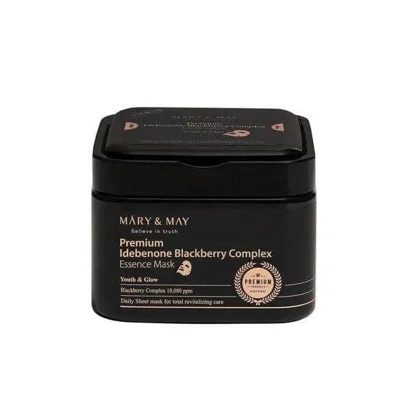 MARY & MAY Premium Idebenon Blackberry Complex Ampoule Mask 20 Sheets - 250g in a sleek black container.
