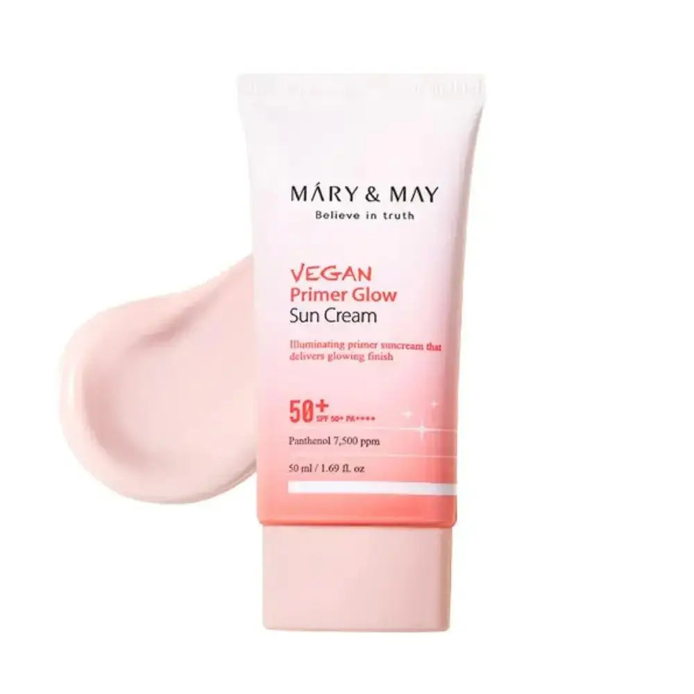 MARY & MAY Vegan Primer Glow Sun Cream Spf50+ Pa++++ 50ml tube next to a creamy texture swatch.