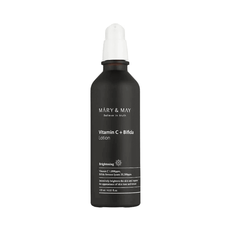 MARY & MAY Vitamin C+Bifida Lotion 120ml in a brown glass bottle with pump for skincare nourishment.