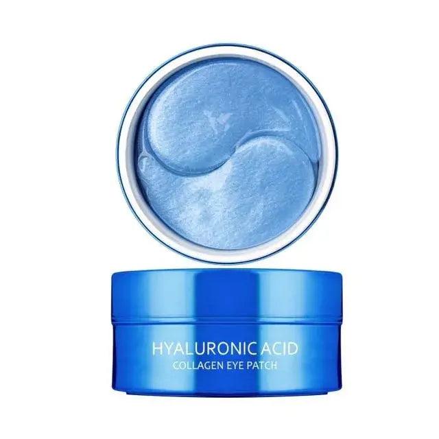 MEDIFLOWER ARONYX Hyaluronic Acid Collagen Eye Patch in blue container with hydrogel eye patches inside.