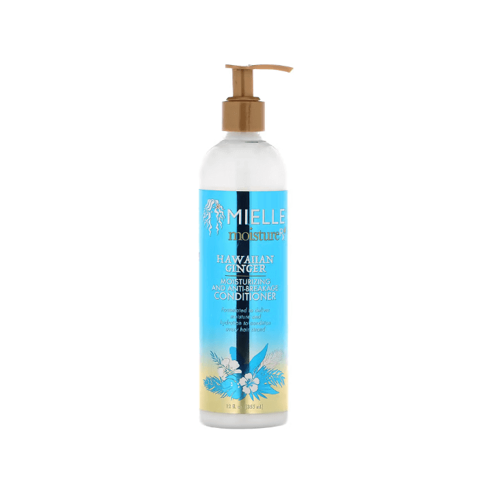 Mielle Organics Moisture RX Hawaiian Ginger Moisturizing Conditioner bottle with pump for hydration and anti-breakage.