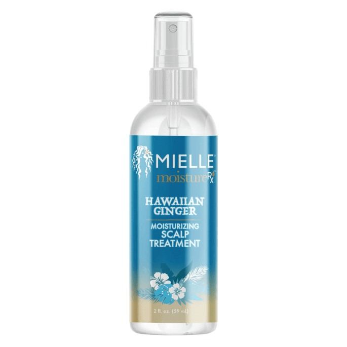 Mielle Organics Moisture RX Hawaiian Ginger Scalp Treatment spray bottle for dry, itchy scalp relief with natural ingredients.