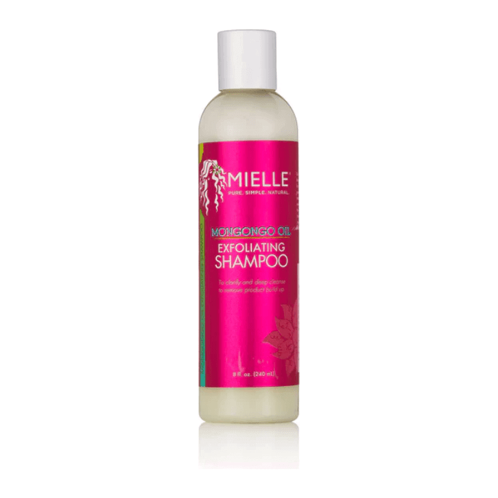 Mielle Organics Mongongo Oil Exfoliating Shampoo bottle with a pink label for healthy hair cleansing.