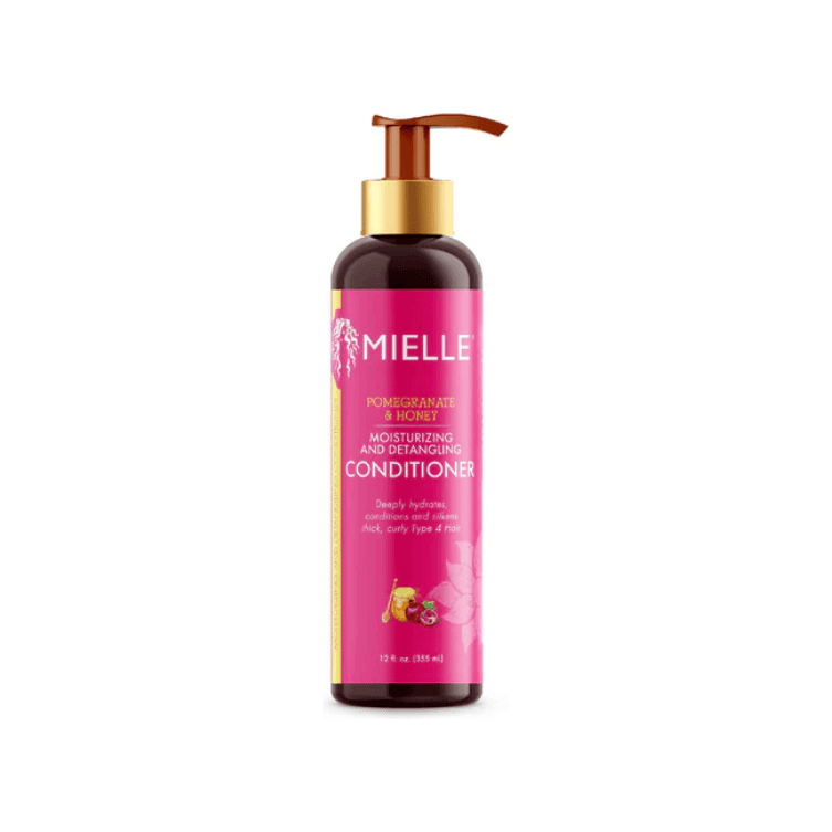 Mielle Organics Pomegranate & Honey Detangling Conditioner bottle for thick, curly hair hydration and smoothness.
