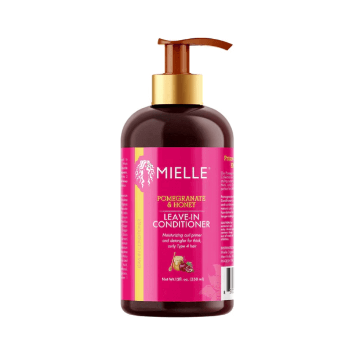 Mielle Organics Pomegranate & Honey Leave-In Conditioner bottle with pump top and vibrant packaging.