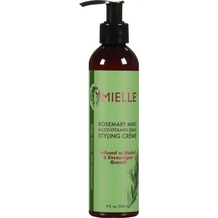 MIELLE Rosemary Mint Daily Styling Cream bottle with pump, infused with biotin to promote hair growth.