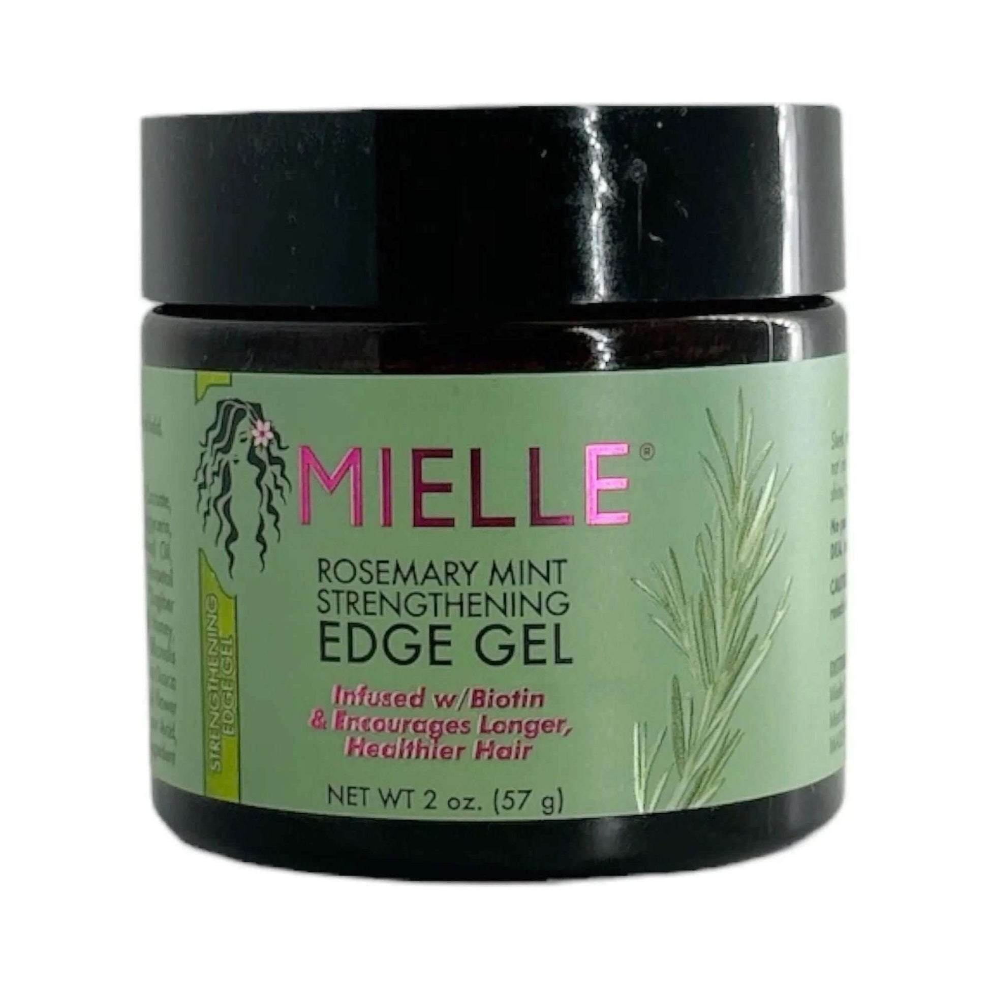 Mielle, Rosemary Mint Strengthening Edge Gel 57 g jar for sleek and nourished edges with biotin for healthier hair.