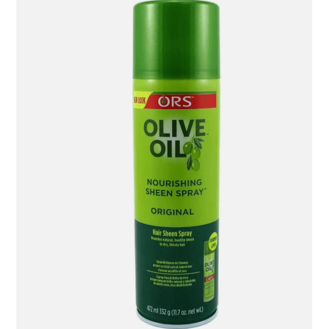 Ors Olive Oil Sheen Spray Nourishing Original in a green can, promotes shine without weighing down hair.