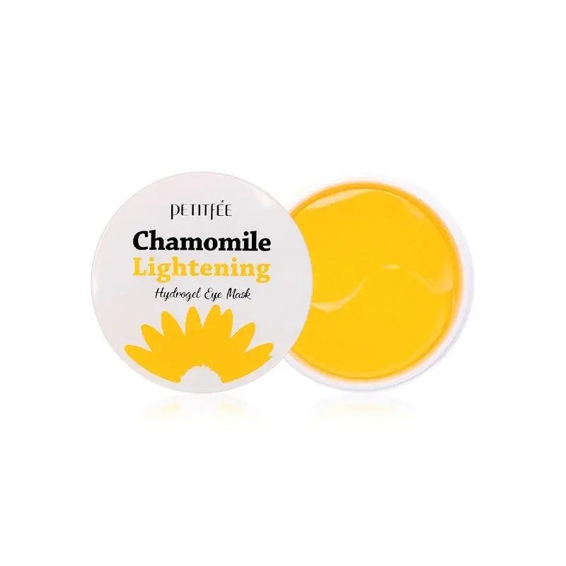 Petitfee Chamomile Lightening Hydrogel Eye Mask showcasing the soothing yellow gel for brightening effects.