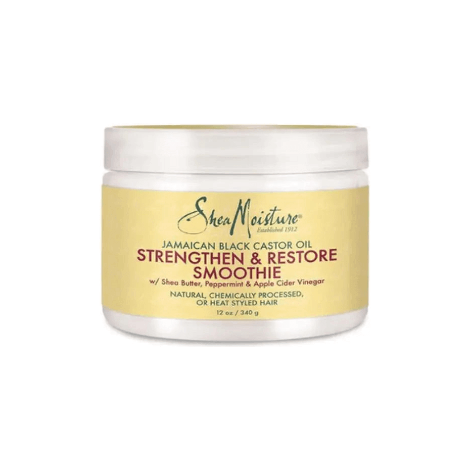 Shea Moisture Jamaican Black Castor Strengthen & Restore Smoothie 340g in a jar for moisturizing and defining curls.