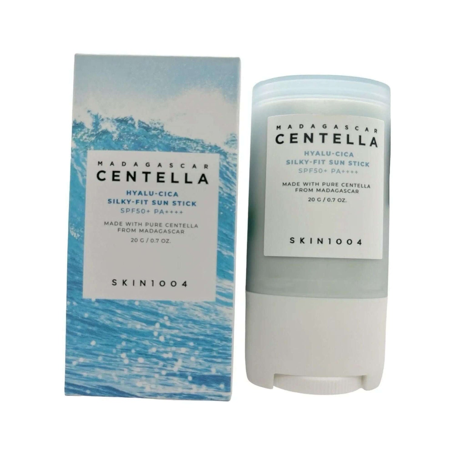 SKIN1004 - Madagascar Centella Hyalu-Cica Silky-Fit Sun Stick SPF50+ with packaging against a blue background.