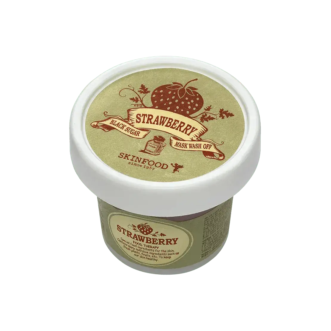 SKINFOOD Black Sugar Strawberry Mask Wash Off 100g in a jar with strawberry design and label.