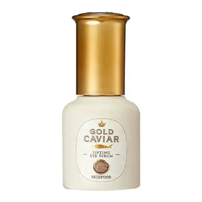 SKINFOOD Gold Caviar Ex Lifting Eye Serum 32ml with golden cap for firming and rejuvenating delicate skin.