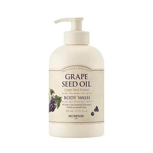 SKINFOOD Grape Seed Oil Body Wash 450ml in a pump bottle, featuring grape seed extract and a sweet grape scent.