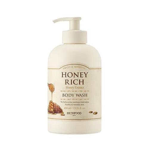 SKINFOOD Honey Rich Body Wash 450ml bottle with honey extract for soft, glowing skin.