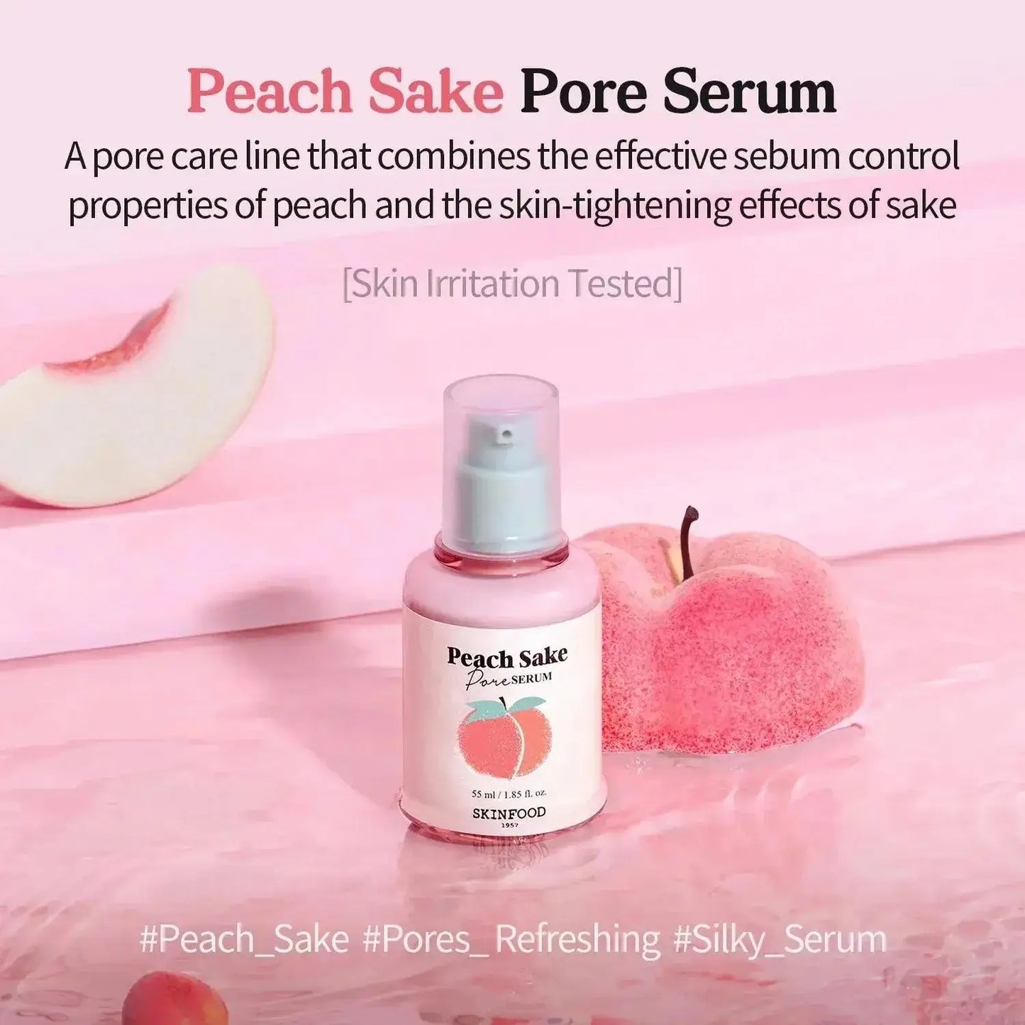 SKINFOOD Peach Sake Pore Serum 55ml skin irritation tested with peach and sake ingredients for sebum control.