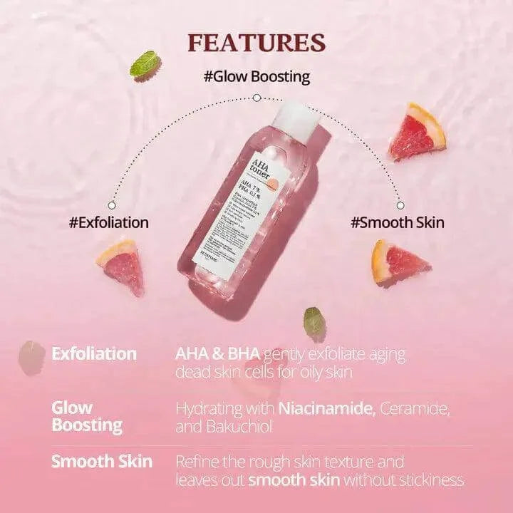 SKINFOOD Pink Grapefruit AHA Toner 200ml features AHA and BHA for exfoliation and smoothing skin texture.