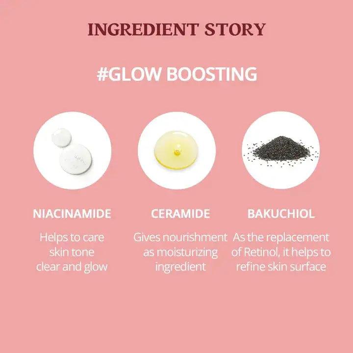 Ingredient story showcasing Niacinamide, Ceramide, and Bakuchiol for glowing skin benefits.