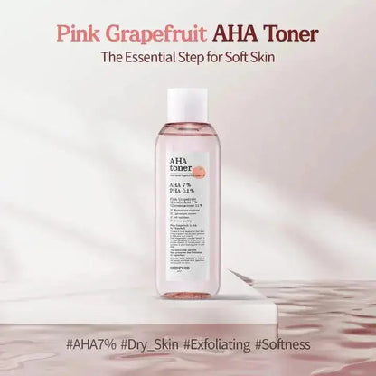 SKINFOOD Pink Grapefruit AHA Toner 200ml bottle with label promoting exfoliation for soft skin.