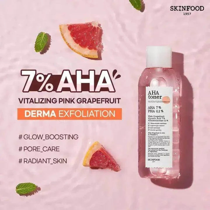 SKINFOOD Pink Grapefruit AHA Toner 200ml, exfoliating toner with AHA for glowing skin.