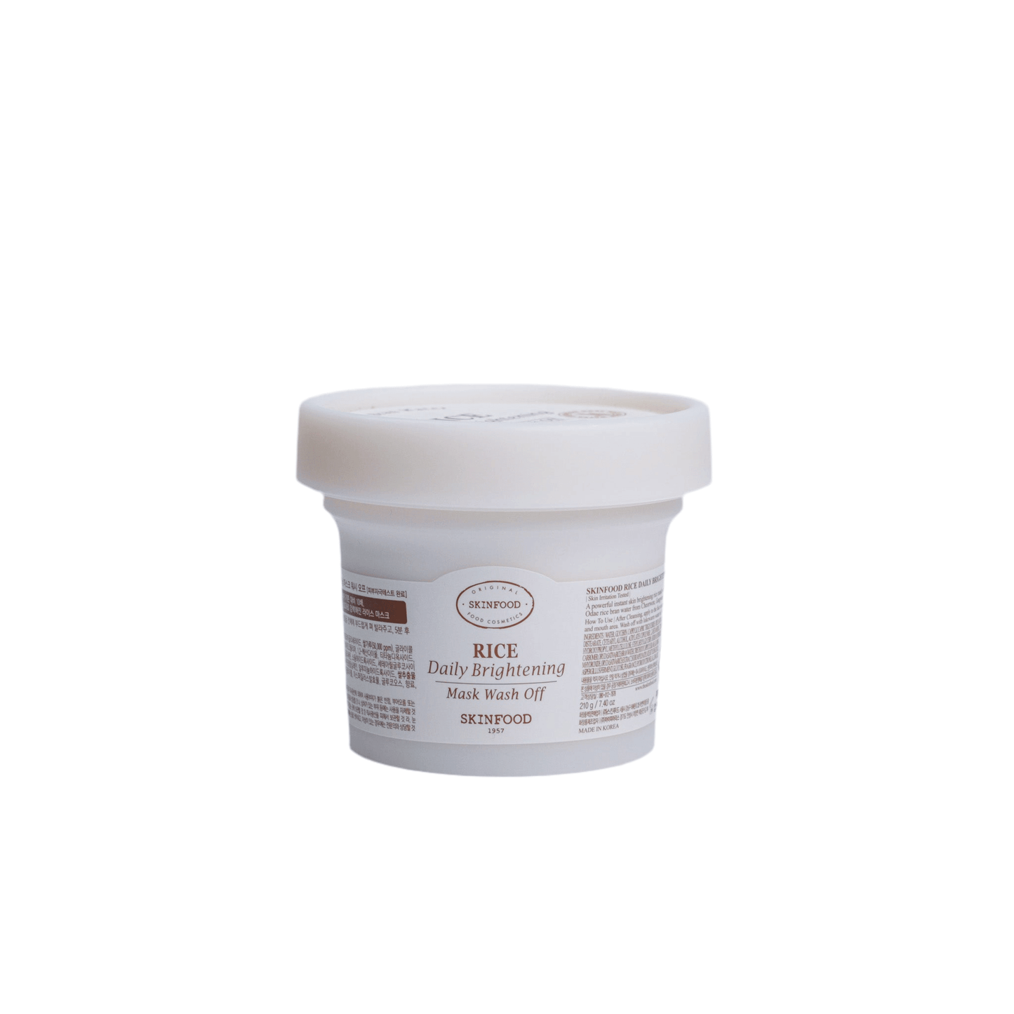SKINFOOD Rice Daily Brightening Mask Wash Off 210g jar with natural rice extract for glowing skin.