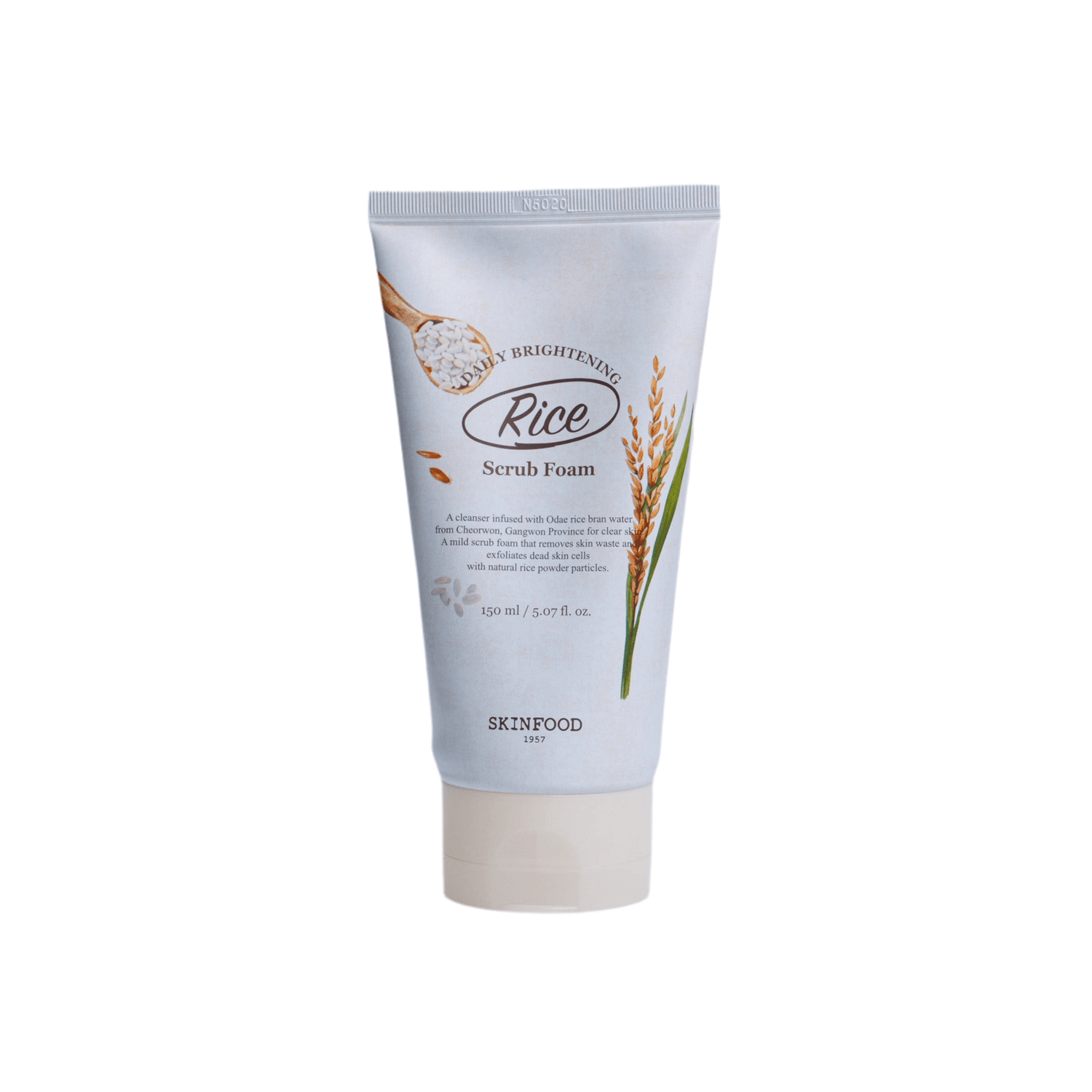 SKINFOOD Rice Daily Brightening Scrub Foam 150ml in a tube for radiant skin.