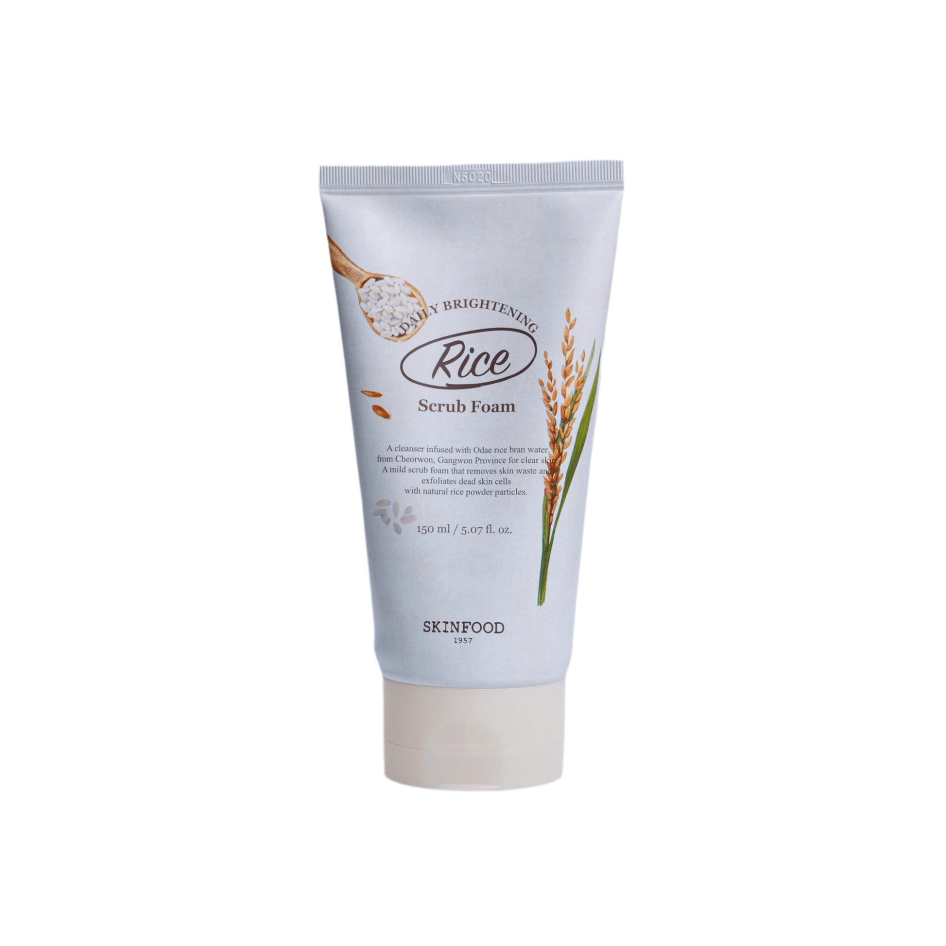 SKINFOOD Rice Daily Brightening Scrub Foam 150ml in a tube for radiant skin.