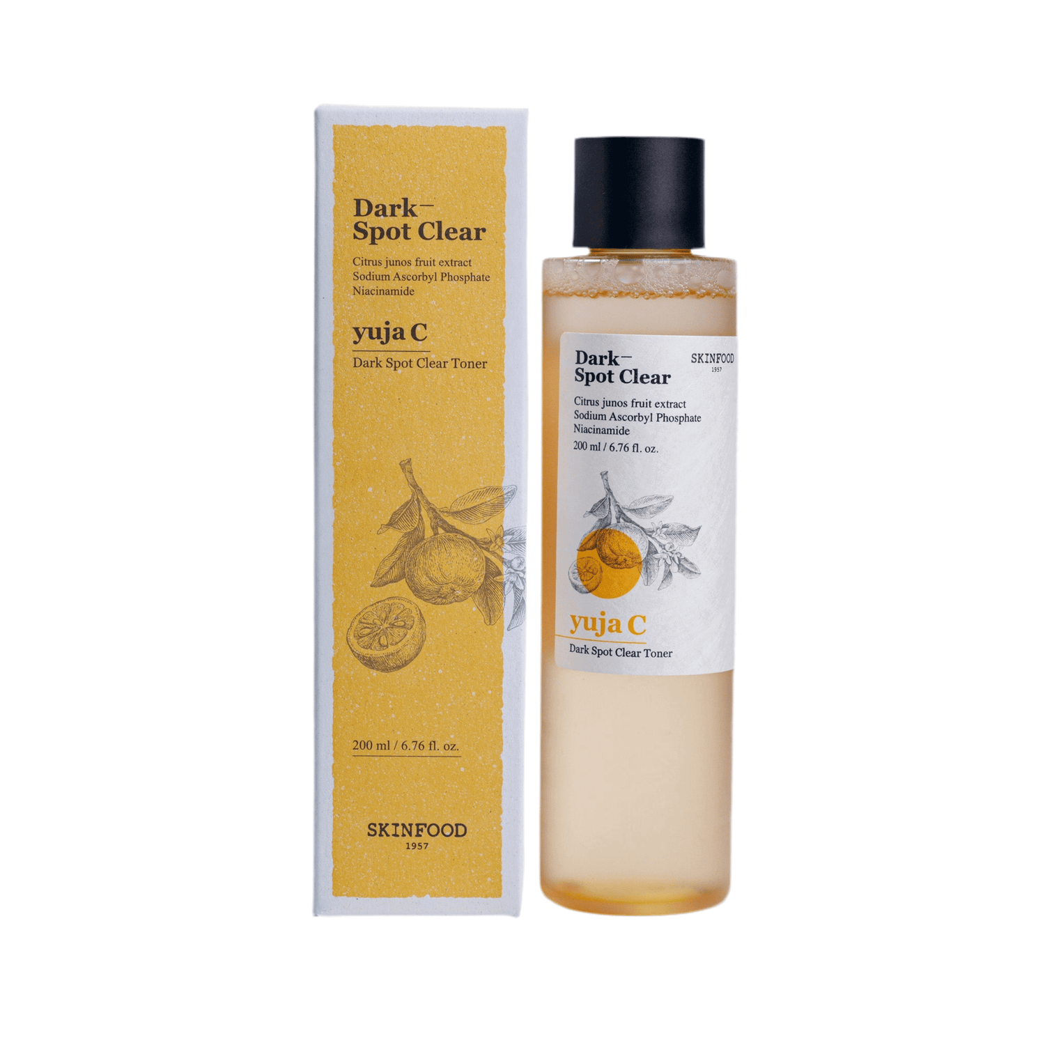 SKINFOOD - Yuja C Dark Spot Clear Toner 200ml, vegan toner with Citrus Junos Fruit Extract for blemish treatment.