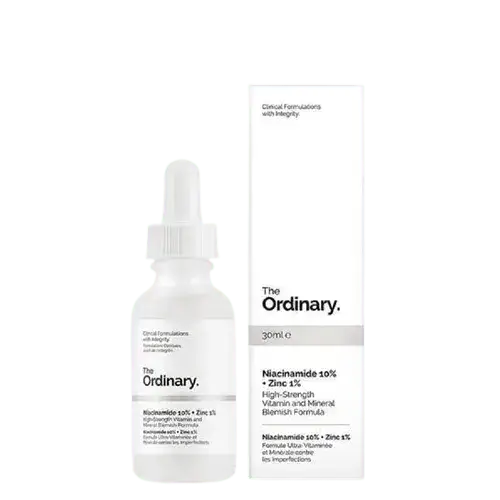 THE ORDINARY Niacinamide 10% + Zinc 1% serum with dropper and packaging for blemish-prone skin.