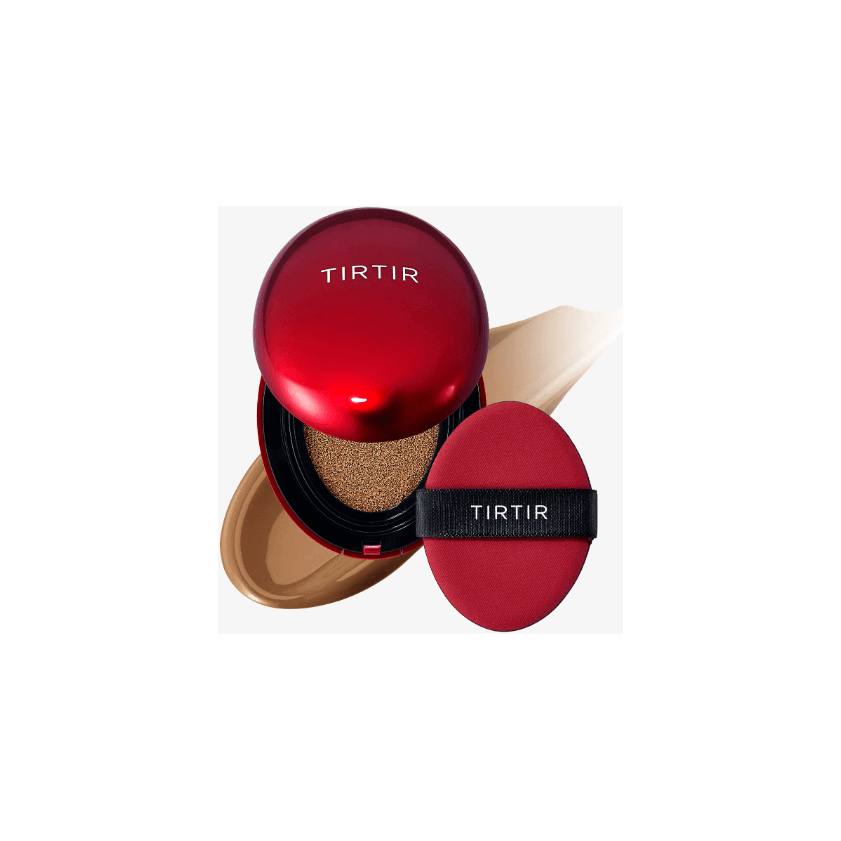 TIR TIR Mask Fit Red Cushion in red packaging with cushion applicator and foundation swatch.