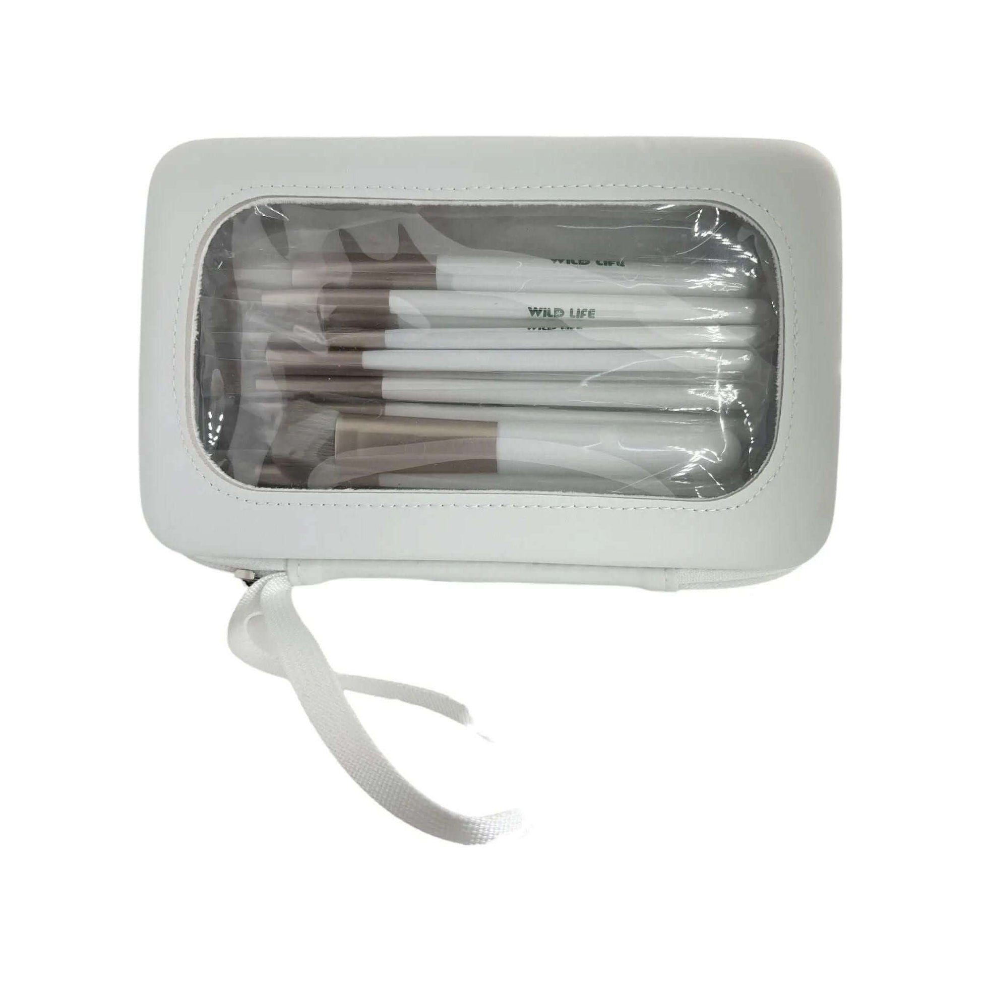 WILD LIFE Make-up Brush set 18pcs stored in a sleek white travel bag with clear window for easy access.
